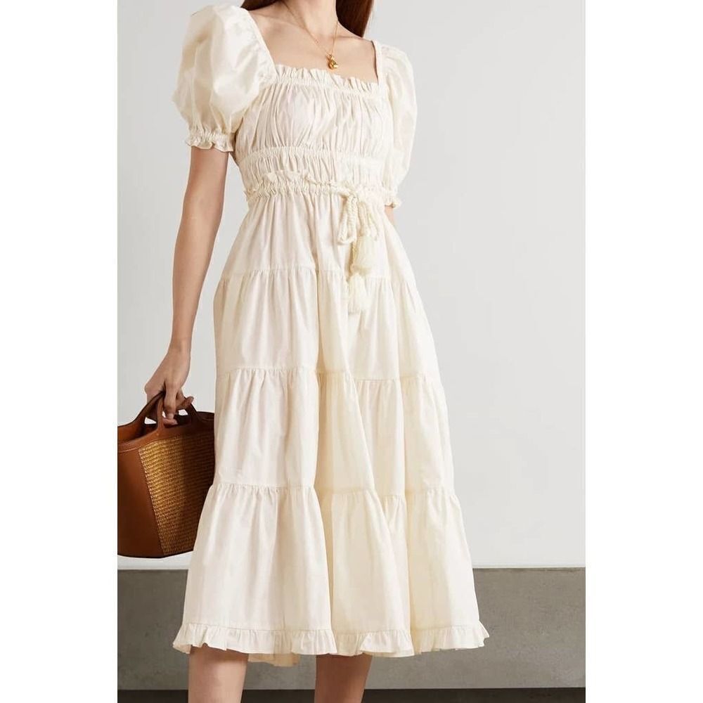 ULLA JOHNSON Iliana Belted Tiered Cotton Midi Dress US2 - Picture 3 of 11